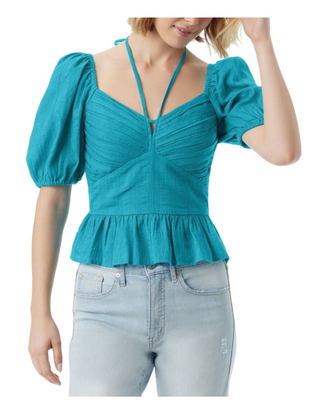 NWT Jessica Simpson Cotton Sweetheart Adjustable Tie Blouse Top Pagoda Blue XL
